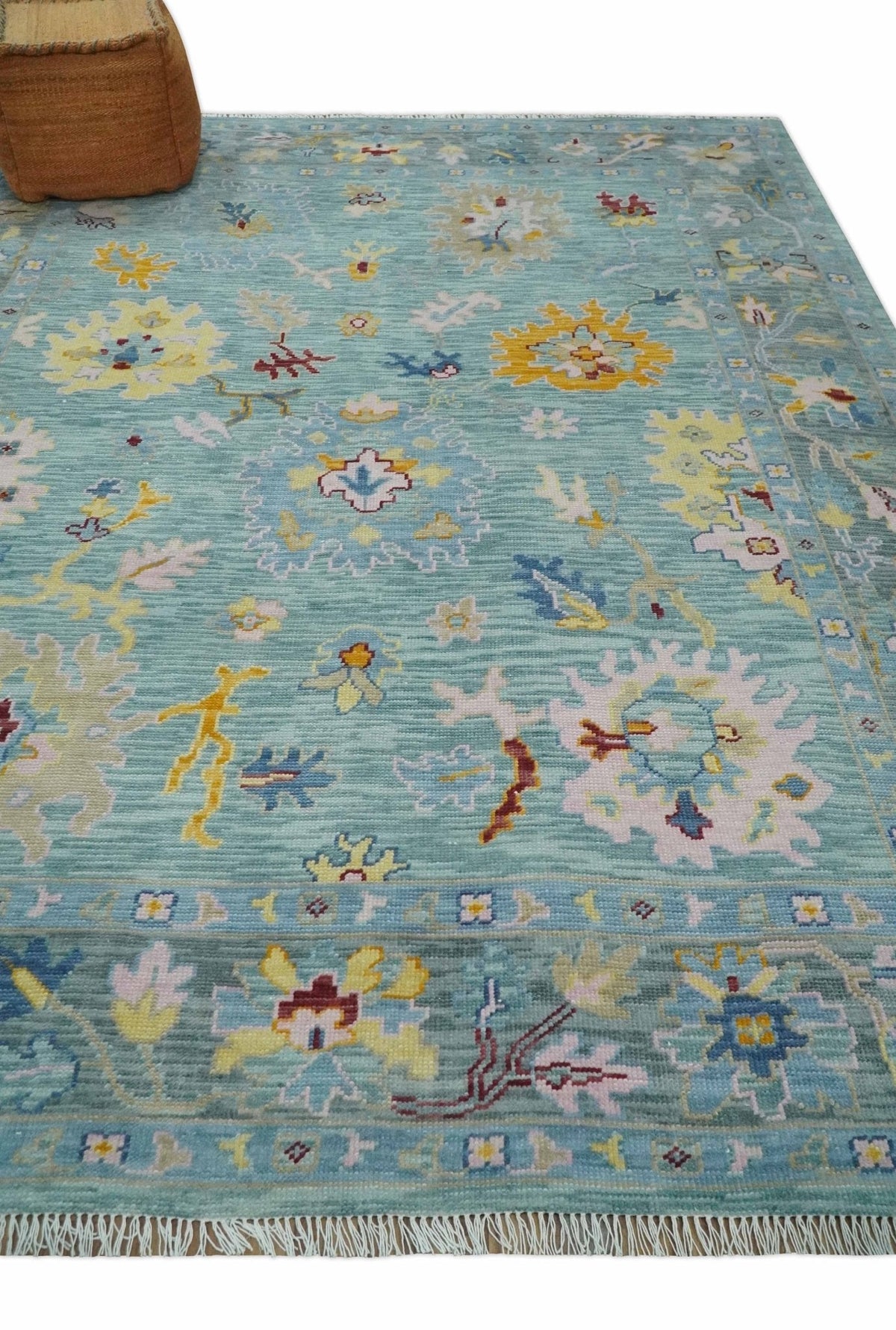 Blue and Gray Vibrant colorful Hand knotted Oushak Wool Area Rug.
