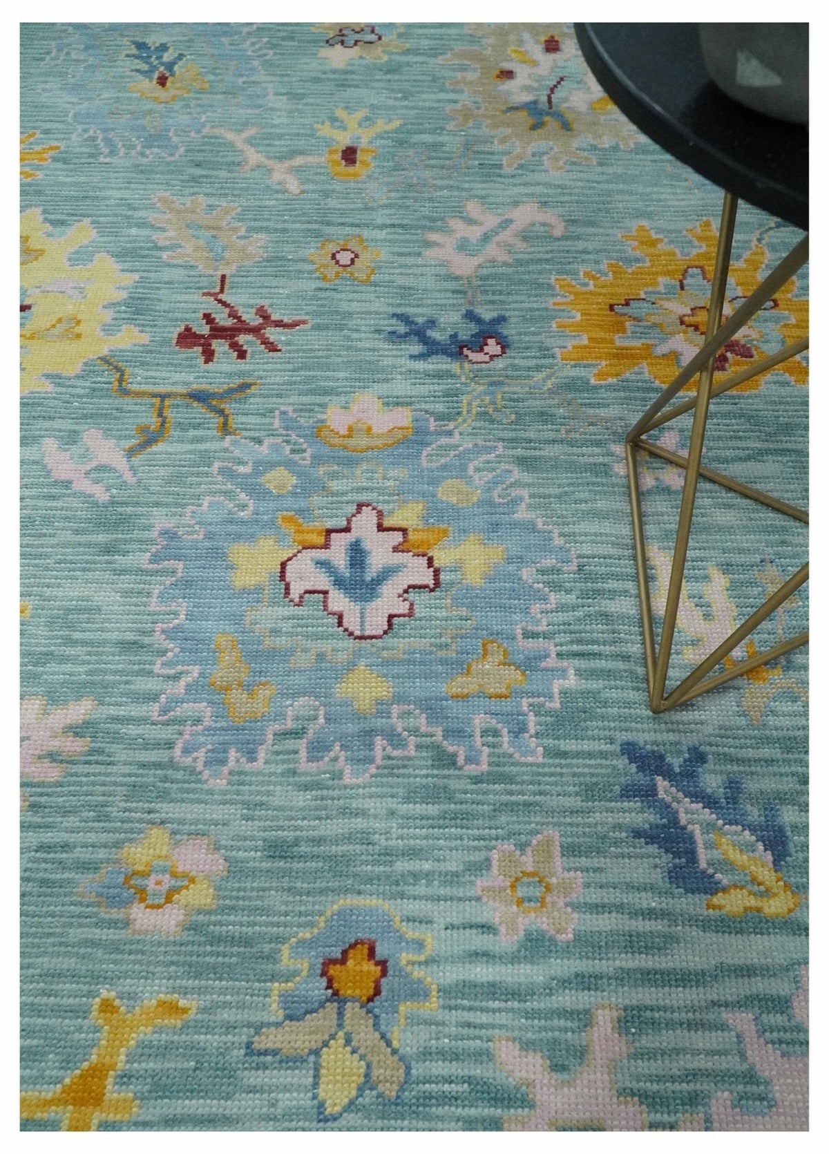 Blue and Gray Vibrant colorful Hand knotted Oushak Wool Area Rug.