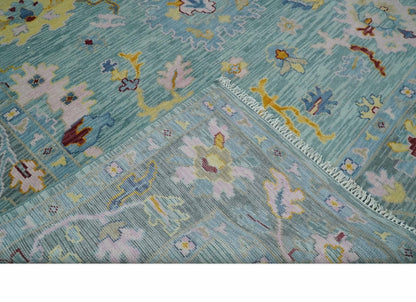 Blue and Gray Vibrant colorful Hand knotted Oushak Wool Area Rug.