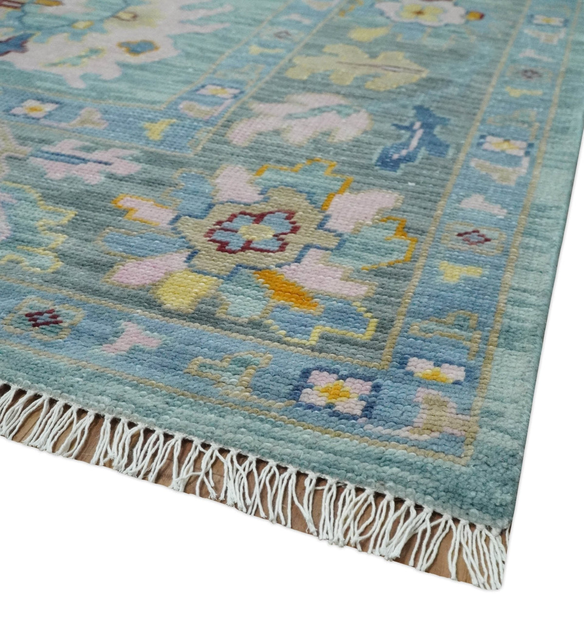 Blue and Gray Vibrant colorful Hand knotted Oushak Wool Area Rug.