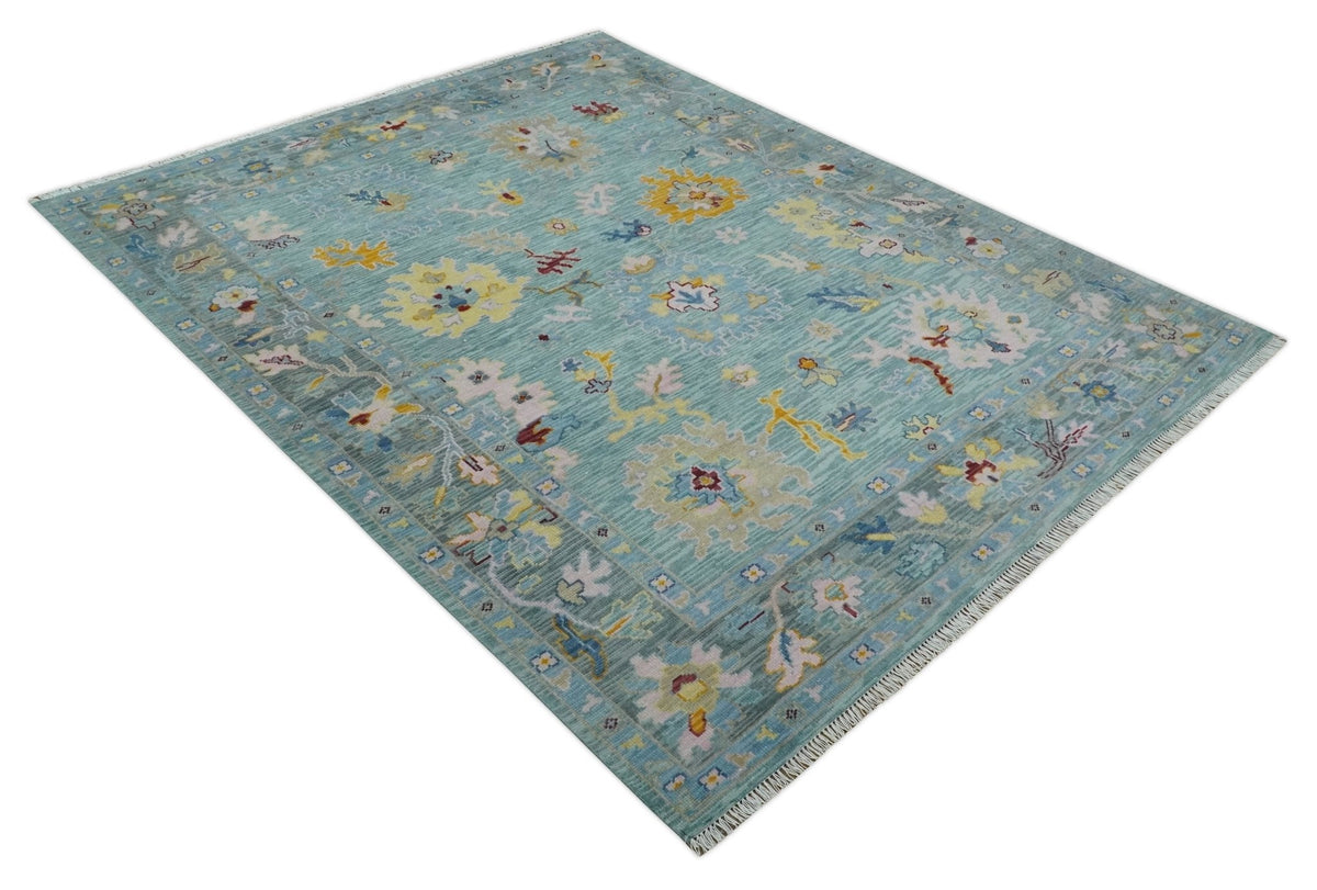 Blue and Gray Vibrant colorful Hand knotted Oushak Wool Area Rug.