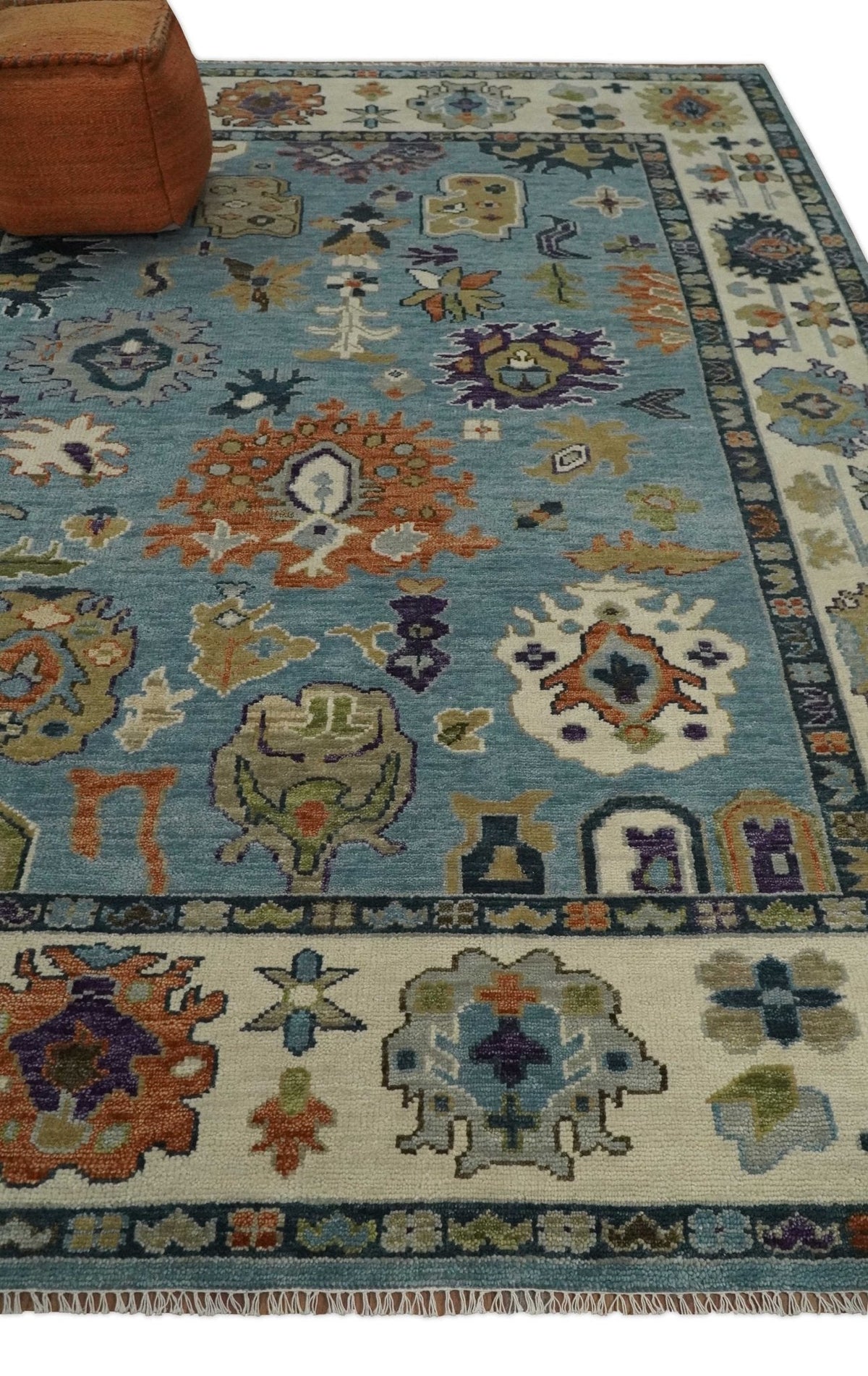 Oushak Hand Knotted Blue and Ivory Traditional Wool Multi Size wool Area Rug.