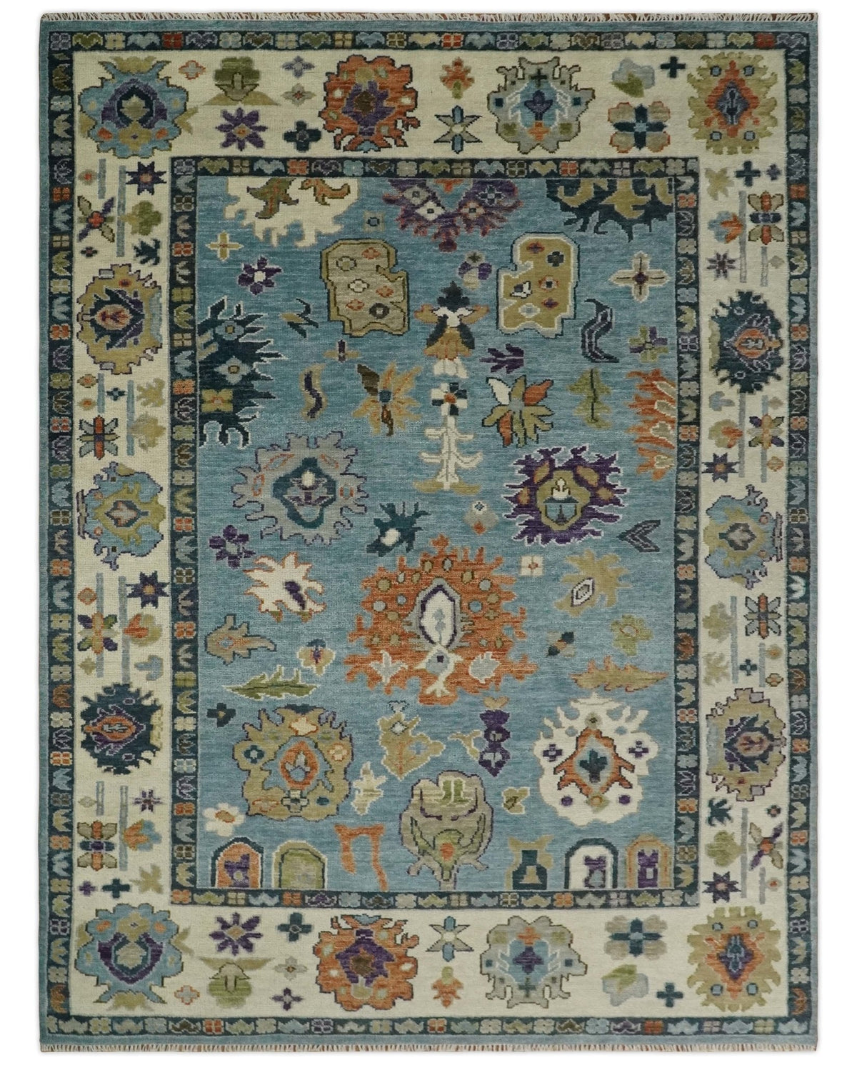 Oushak Hand Knotted Blue and Ivory Traditional Wool Multi Size wool Area Rug.