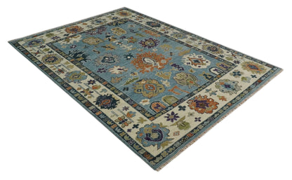 Oushak Hand Knotted Blue and Ivory Traditional Wool Multi Size wool Area Rug.
