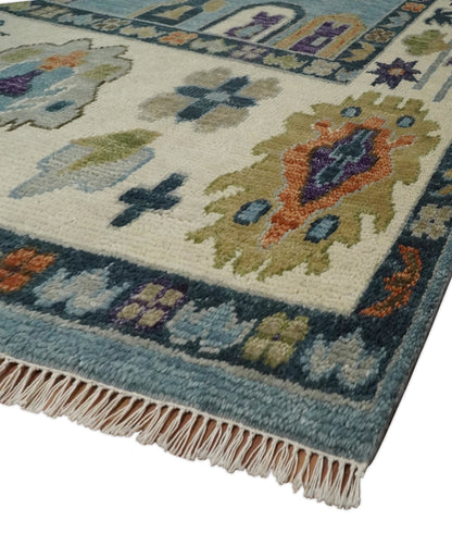 Oushak Hand Knotted Blue and Ivory Traditional Wool Multi Size wool Area Rug.