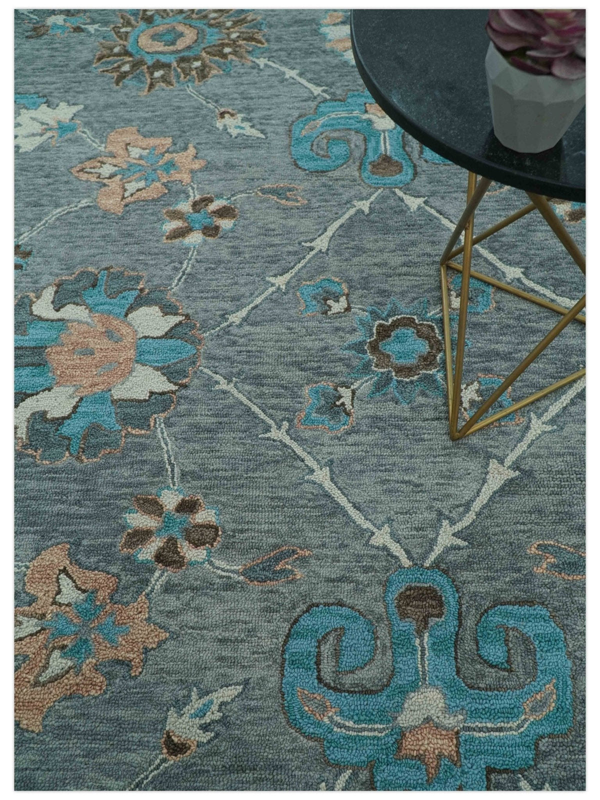 Oushak Design Gray, Blue And Brown Hand Tufted Custom Made wool rug.