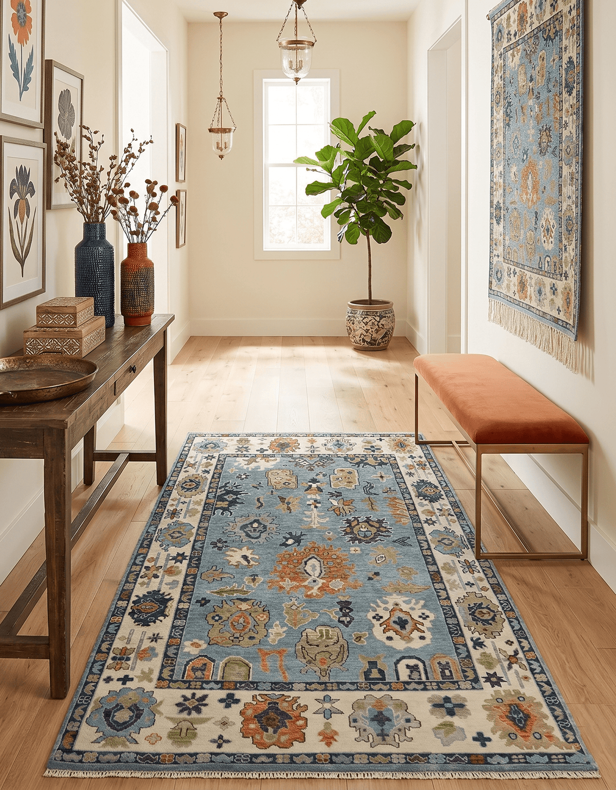 Oushak Hand Knotted Blue and Ivory Traditional Wool Multi Size wool Area Rug.