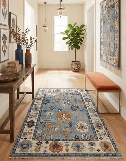 Oushak Hand Knotted Blue and Ivory Traditional Wool Multi Size wool Area Rug.