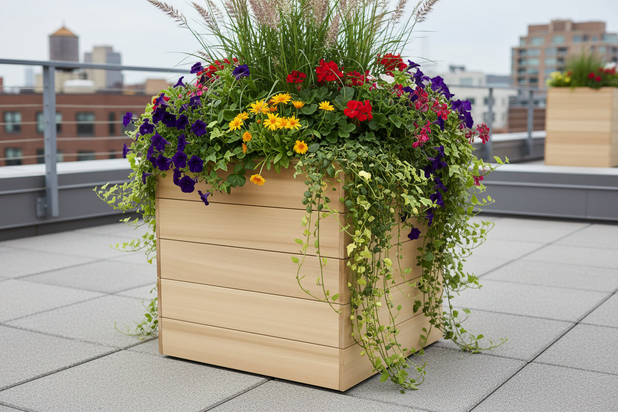Wooden planter box with a white base on a white background