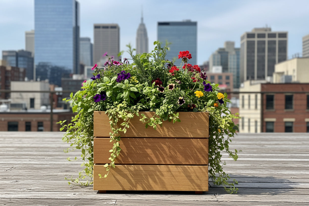 Wooden planter boxes stacked on grass with a clear sky background