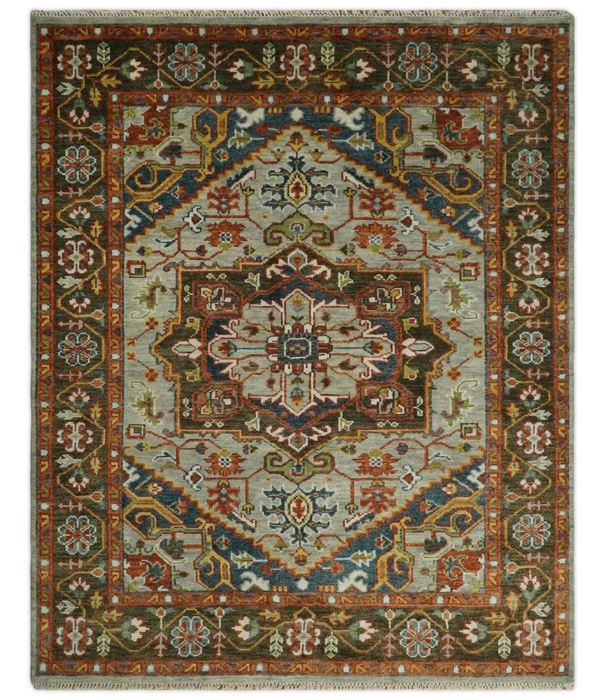 Blue and Brown Traditional Antique look Heriz Serapi Hand Knotted Custom Made wool Area Rug.