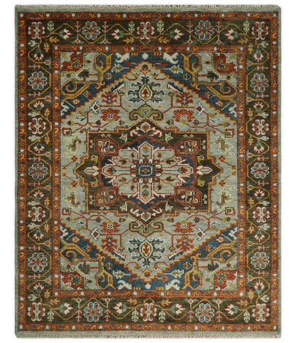 Blue and Brown Traditional Antique look Heriz Serapi Hand Knotted Custom Made wool Area Rug.