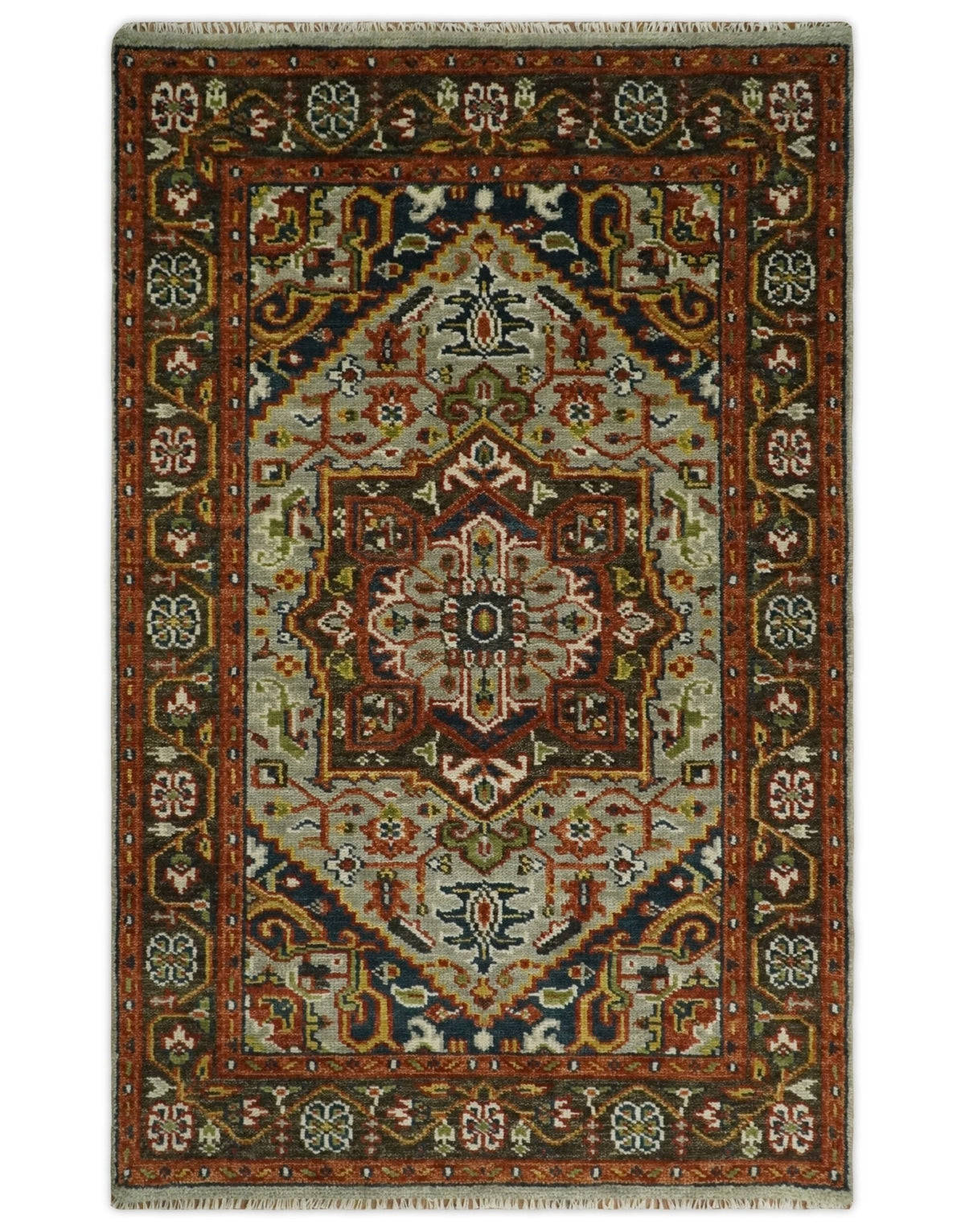 Blue and Brown Traditional Antique look Heriz Serapi Hand Knotted Custom Made wool Area Rug.