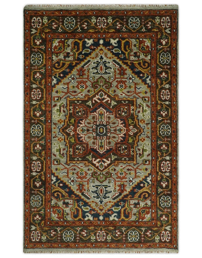 Blue and Brown Traditional Antique look Heriz Serapi Hand Knotted Custom Made wool Area Rug.