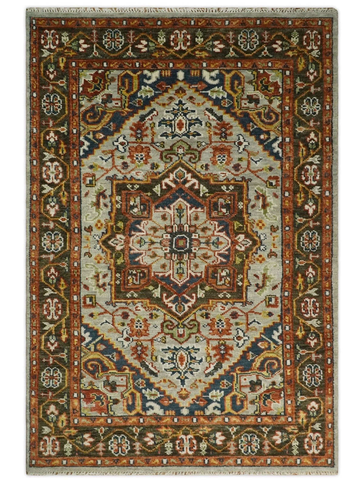 Blue and Brown Traditional Antique look Heriz Serapi Hand Knotted Custom Made wool Area Rug.