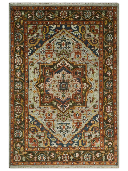 Blue and Brown Traditional Antique look Heriz Serapi Hand Knotted Custom Made wool Area Rug.