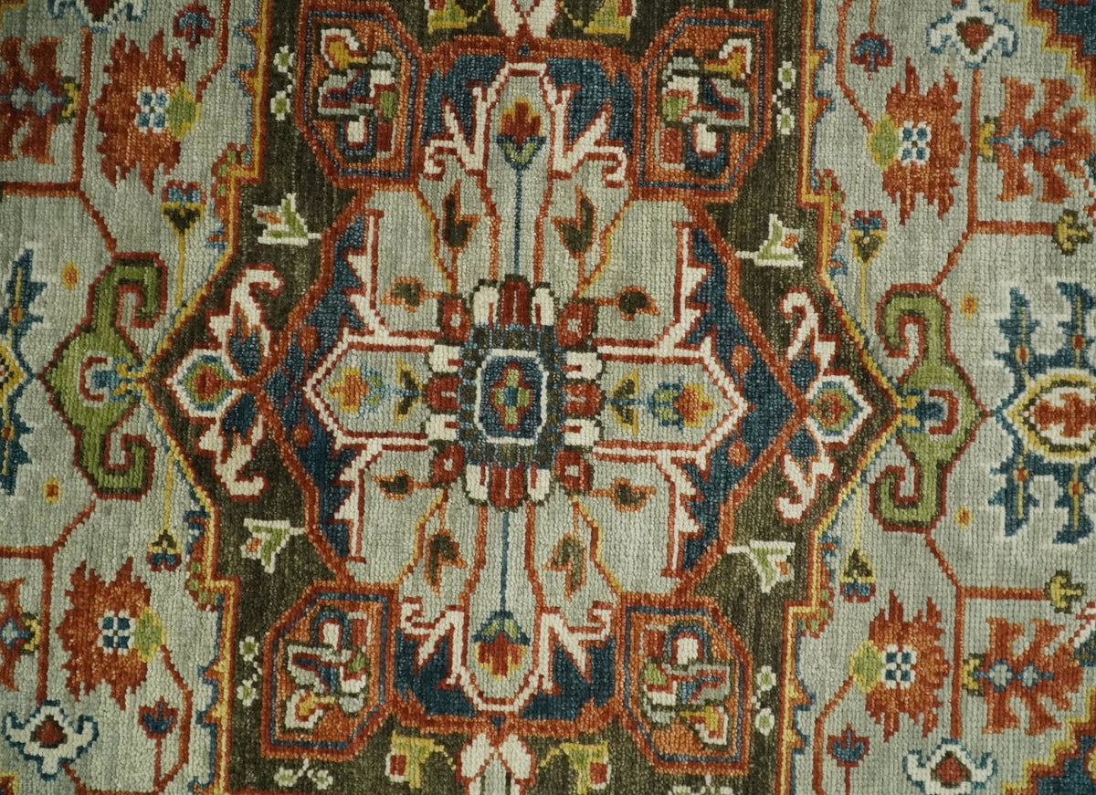 Blue and Brown Traditional Antique look Heriz Serapi Hand Knotted Custom Made wool Area Rug.