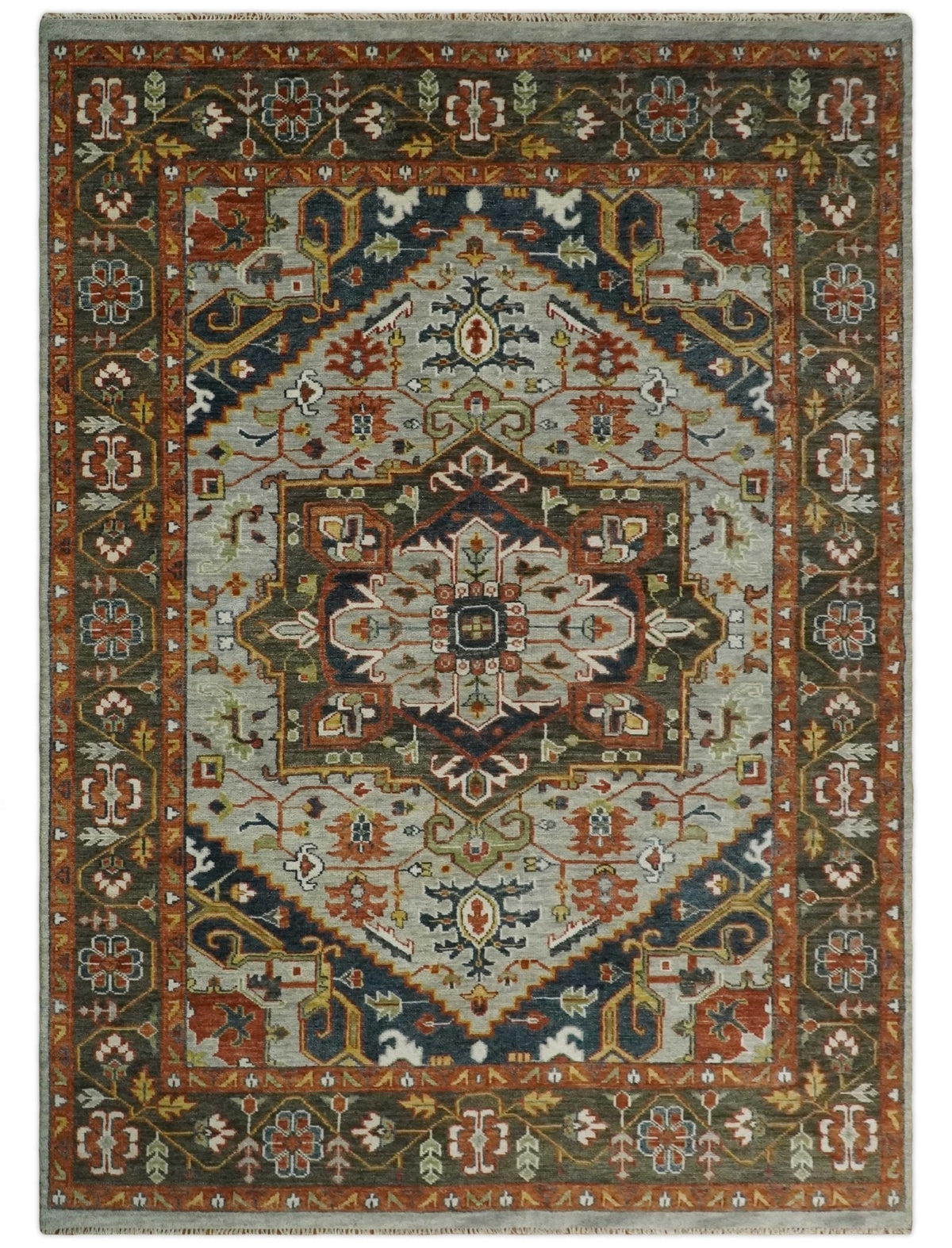 Blue and Brown Traditional Antique look Heriz Serapi Hand Knotted Custom Made wool Area Rug.