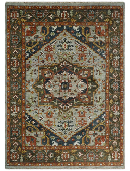 Blue and Brown Traditional Antique look Heriz Serapi Hand Knotted Custom Made wool Area Rug.