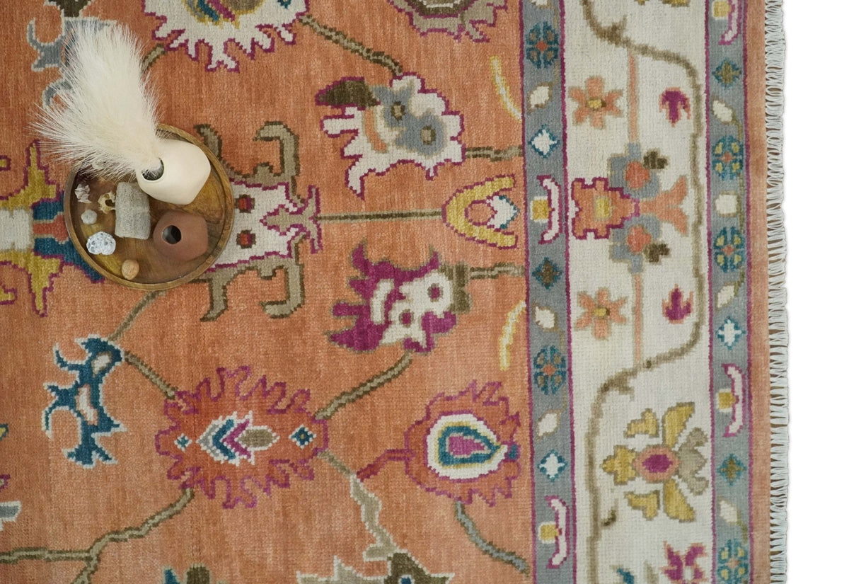 Peach and Ivory Hand knotted Oushak Custom Made wool Area Rug.