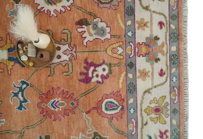 Peach and Ivory Hand knotted Oushak Custom Made wool Area Rug.