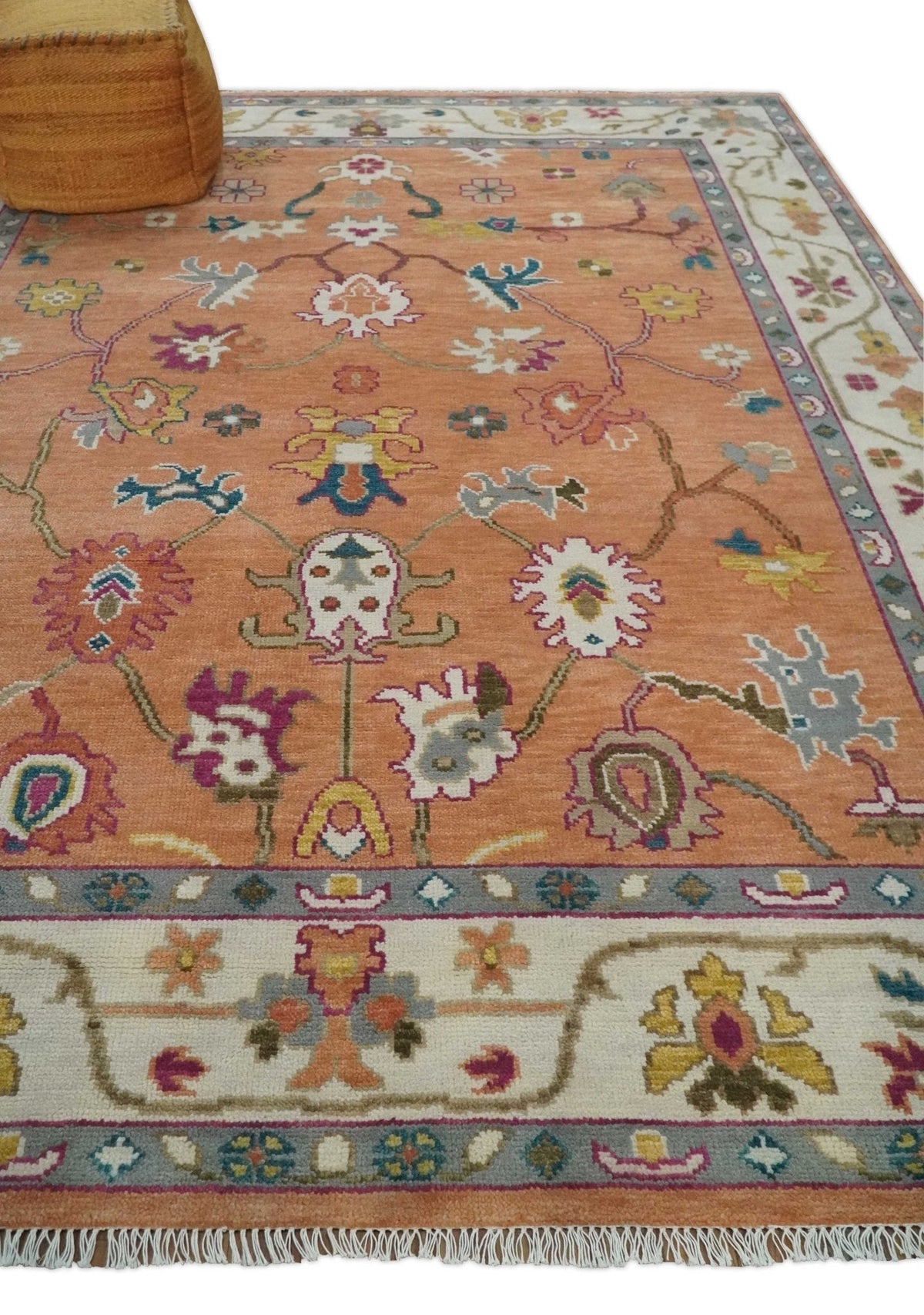 Peach and Ivory Hand knotted Oushak Custom Made wool Area Rug.