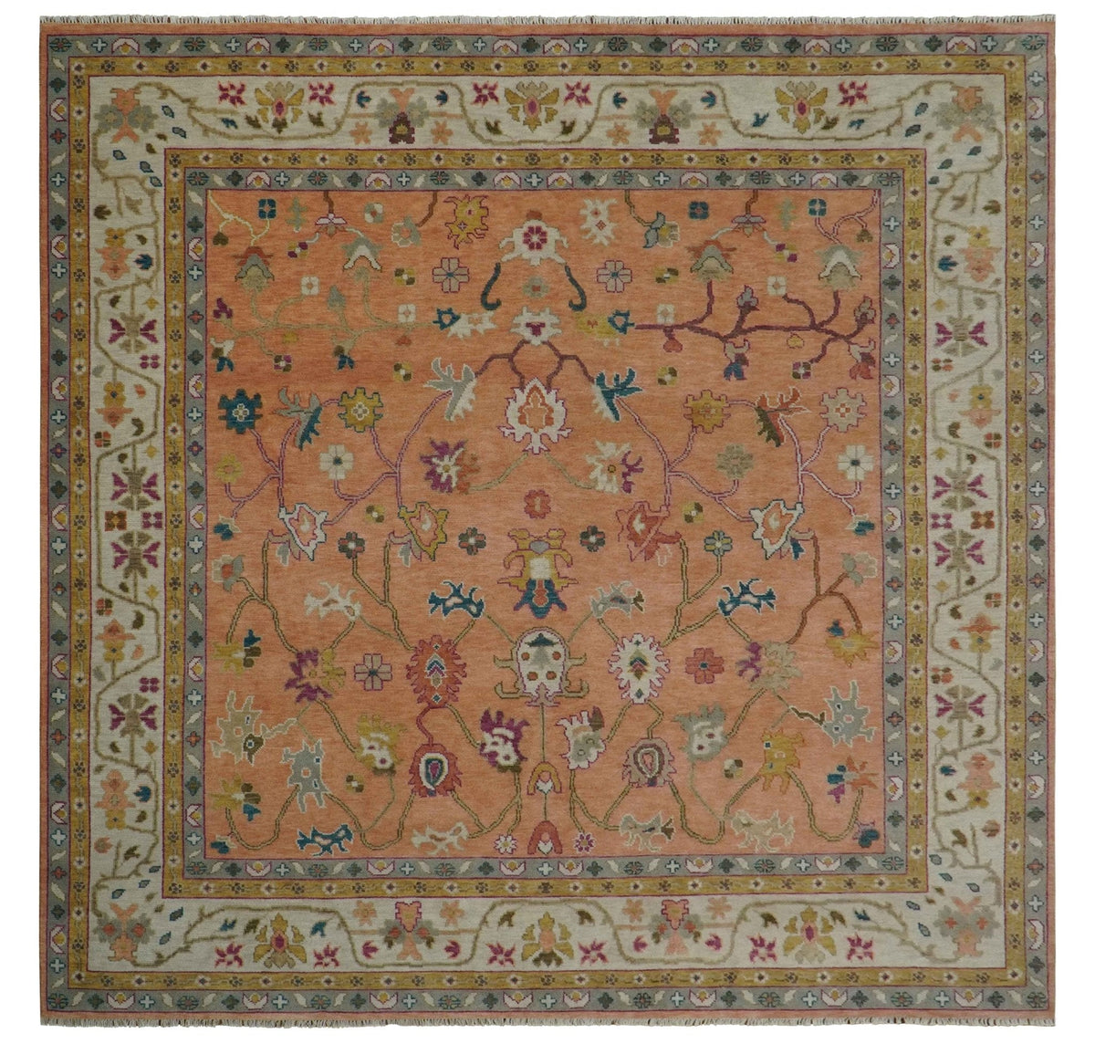 Peach and Ivory Hand knotted Oushak Custom Made wool Area Rug.