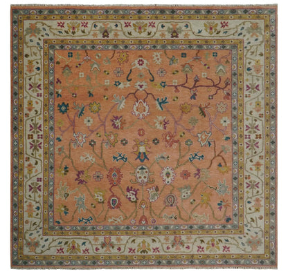 Peach and Ivory Hand knotted Oushak Custom Made wool Area Rug.