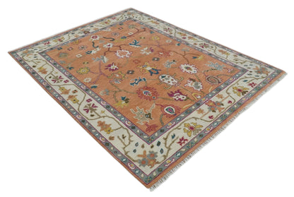 Peach and Ivory Hand knotted Oushak Custom Made wool Area Rug.