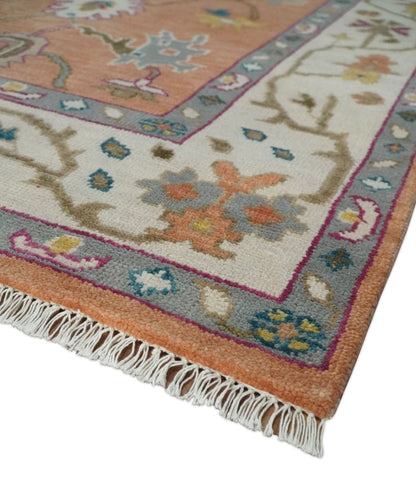 Peach and Ivory Hand knotted Oushak Custom Made wool Area Rug.