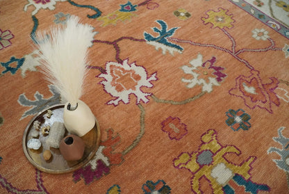 Peach and Ivory Hand knotted Oushak Custom Made wool Area Rug.