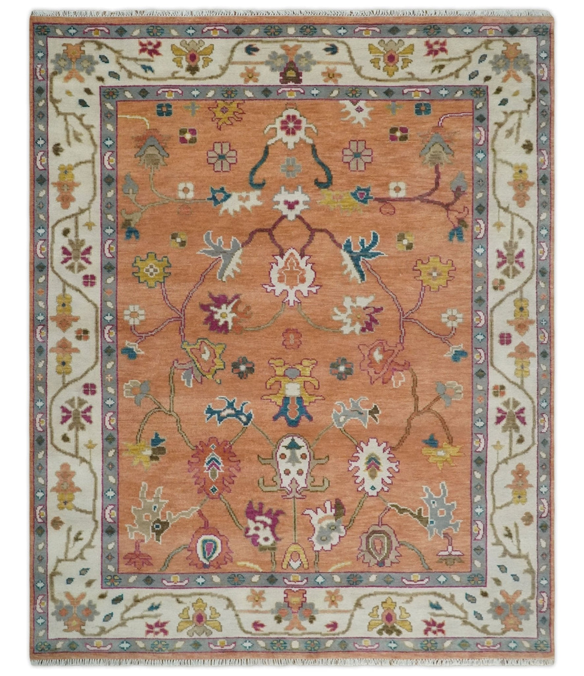 Peach and Ivory Hand knotted Oushak Custom Made wool Area Rug.