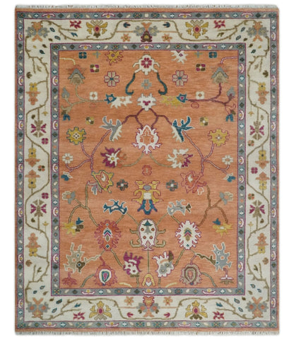 Peach and Ivory Hand knotted Oushak Custom Made wool Area Rug.