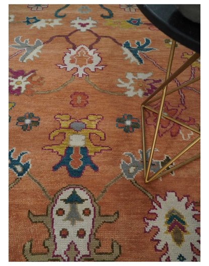 Peach and Ivory Hand knotted Oushak Custom Made wool Area Rug.