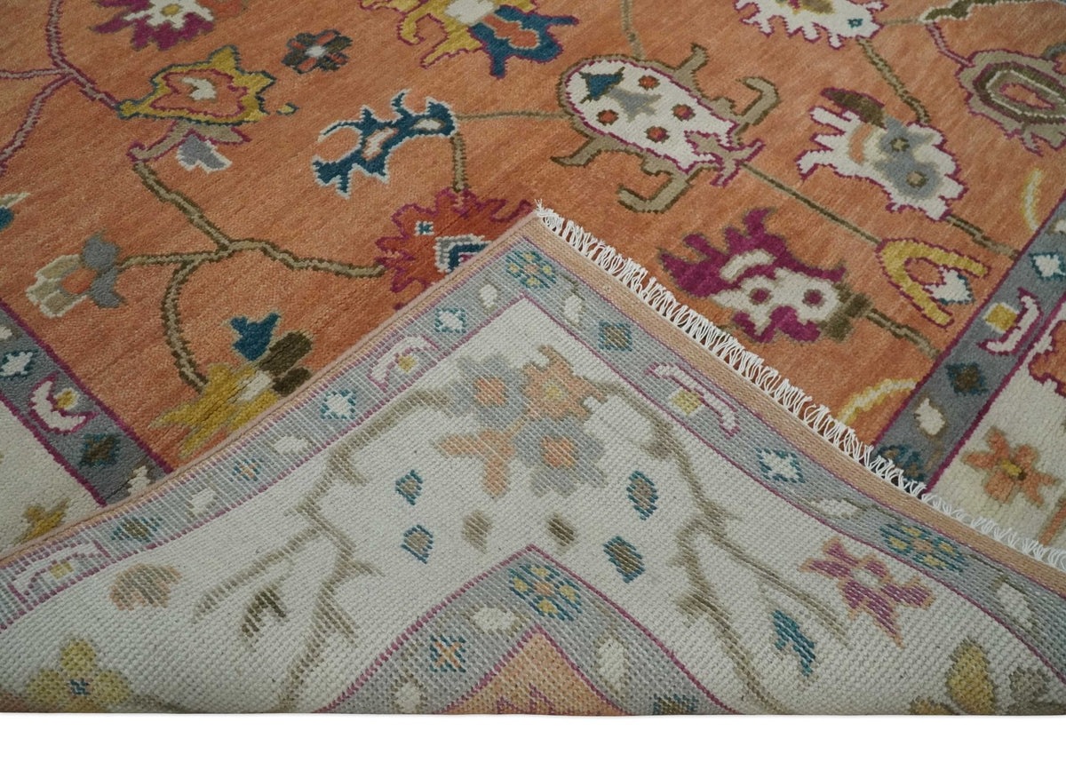 Peach and Ivory Hand knotted Oushak Custom Made wool Area Rug.