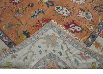 Peach and Ivory Hand knotted Oushak Custom Made wool Area Rug.