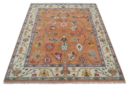 Peach and Ivory Hand knotted Oushak Custom Made wool Area Rug.