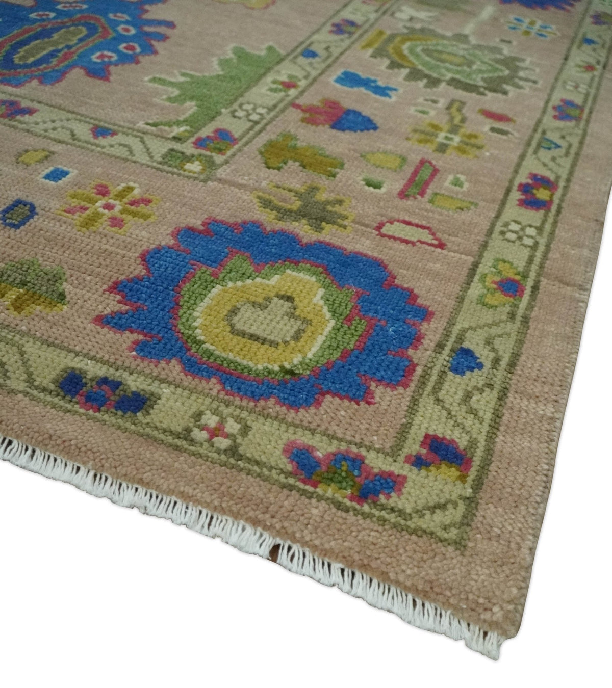 Peach, Blue and Olive Hand knotted Traditional Custom Made Oushak wool Area Rug.
