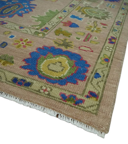 Peach, Blue and Olive Hand knotted Traditional Custom Made Oushak wool Area Rug.