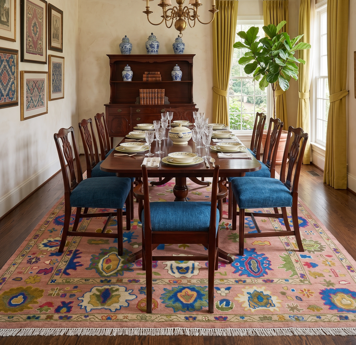 Peach, Blue and Olive Hand knotted Traditional Custom Made Oushak wool Area Rug.