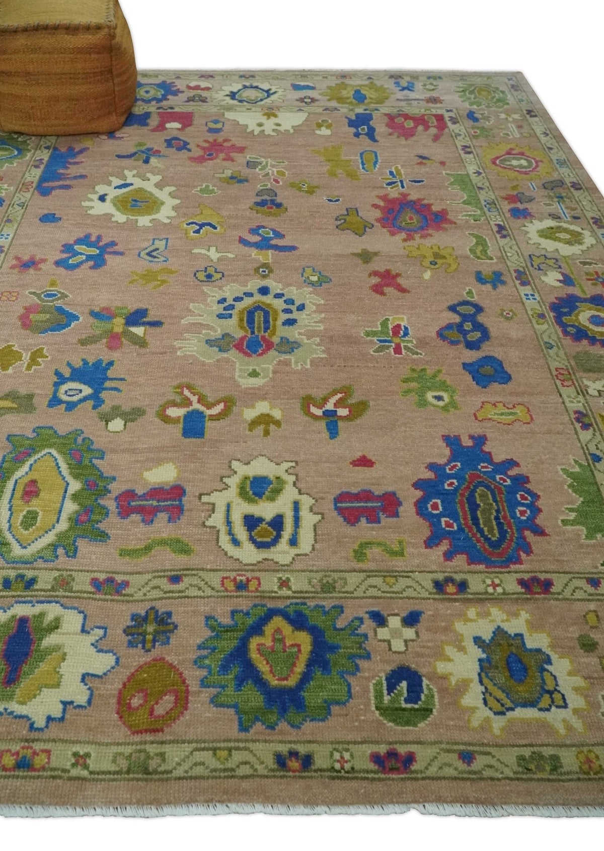 Peach, Blue and Olive Hand knotted Traditional Custom Made Oushak wool Area Rug.
