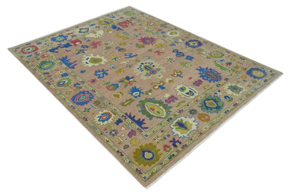 Peach, Blue and Olive Hand knotted Traditional Custom Made Oushak wool Area Rug.