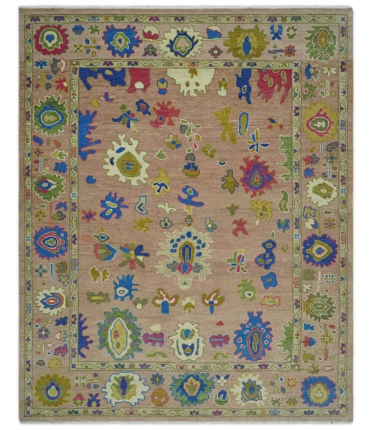Peach, Blue and Olive Hand knotted Traditional Custom Made Oushak wool Area Rug.