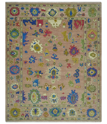Peach, Blue and Olive Hand knotted Traditional Custom Made Oushak wool Area Rug.