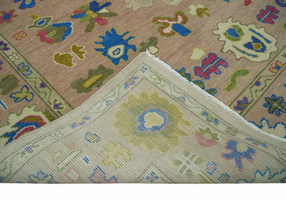 Peach, Blue and Olive Hand knotted Traditional Custom Made Oushak wool Area Rug.