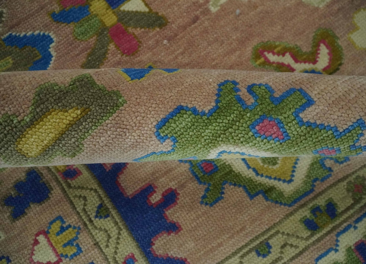 Peach, Blue and Olive Hand knotted Traditional Custom Made Oushak wool Area Rug.