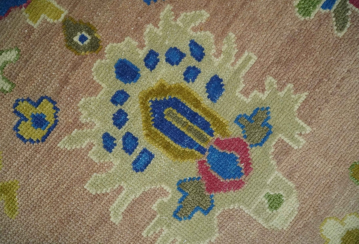 Peach, Blue and Olive Hand knotted Traditional Custom Made Oushak wool Area Rug.