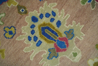 Peach, Blue and Olive Hand knotted Traditional Custom Made Oushak wool Area Rug.