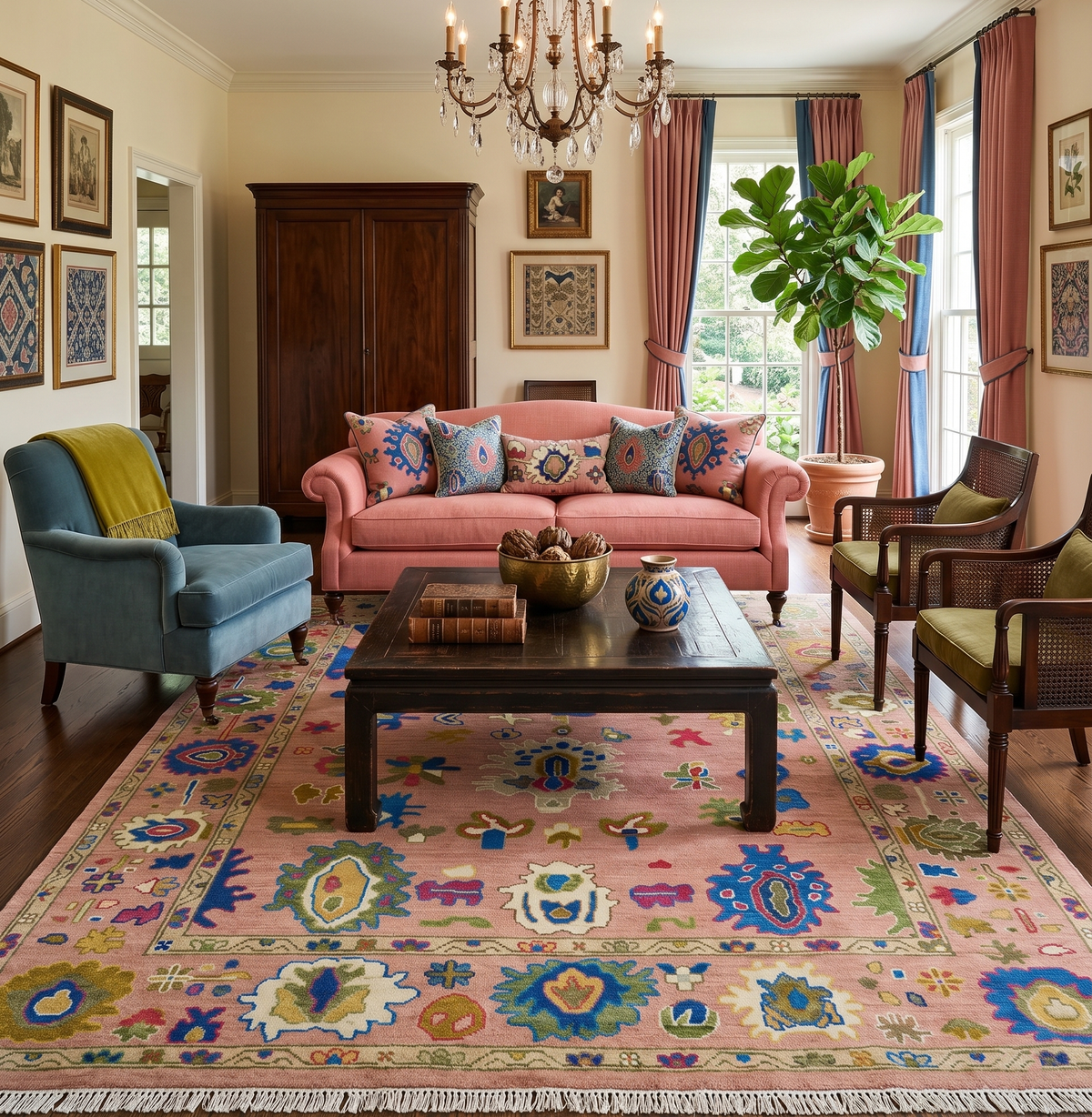 Peach, Blue and Olive Hand knotted Traditional Custom Made Oushak wool Area Rug.
