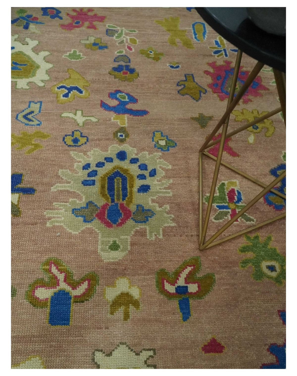 Peach, Blue and Olive Hand knotted Traditional Custom Made Oushak wool Area Rug.
